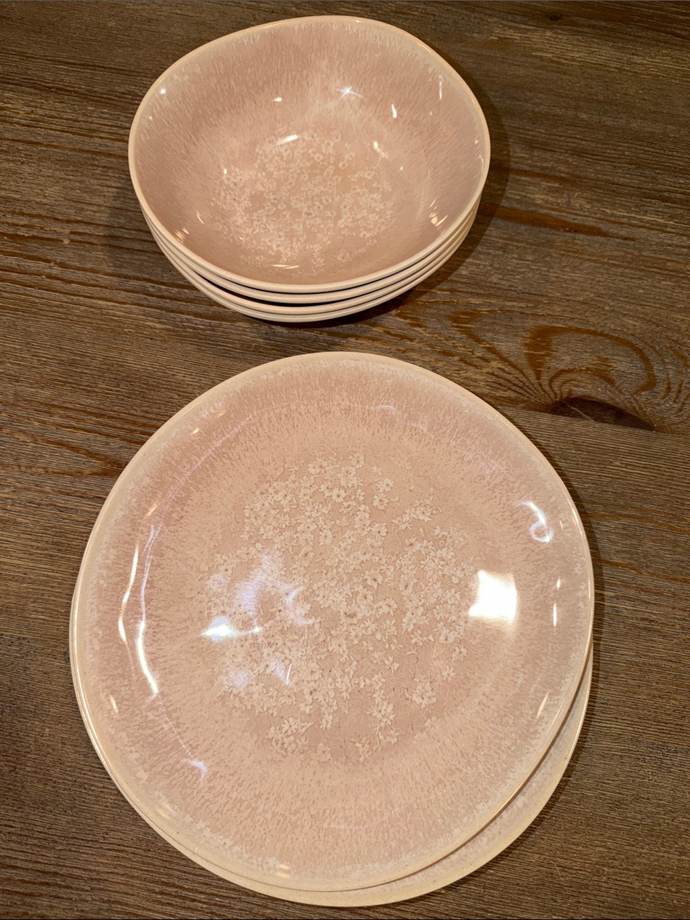 Anthropologie Blush Pink melamine Plate and Bowl Set for 4